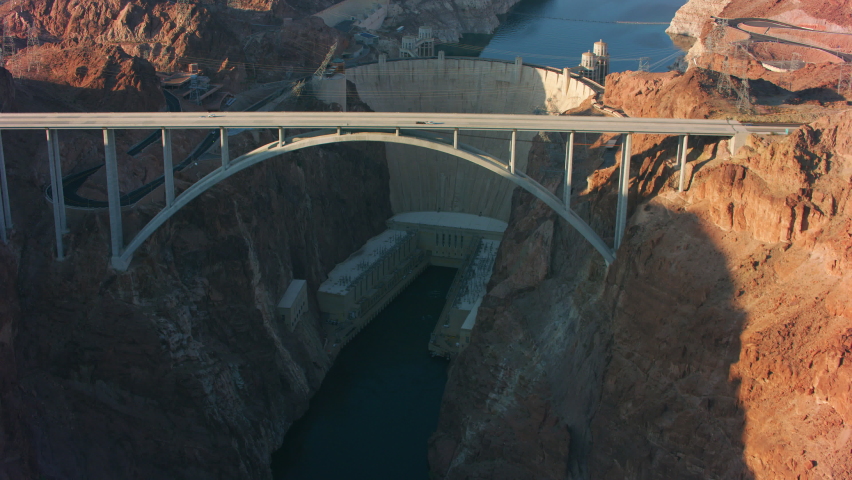 Lake Mead, Nevada circa-2021: Aerial view of Hoover Dam and Lake Mead. Shot with Cineflex from Helicopter with RED 8K.