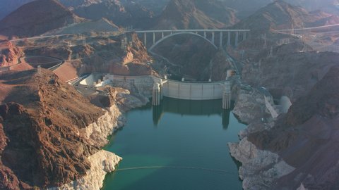 Lake Mead, Nevada circa-2021: Aerial view of Hoover Dam and Lake Mead. Shot with Cineflex from Helicopter with RED 8K.