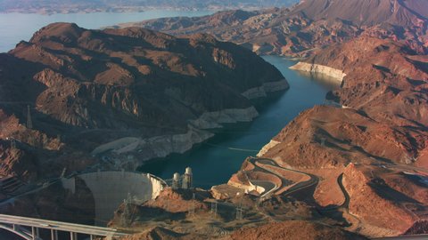 Lake Mead, Nevada circa-2021: Aerial view of Hoover Dam and Lake Mead. Shot with Cineflex from Helicopter with RED 8K.