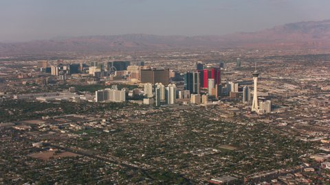 Las Vegas, Nevada circa-2021: Daytime aerial view of the Las Vegas Strip. Shot with Cineflex from Helicopter with RED 8K.