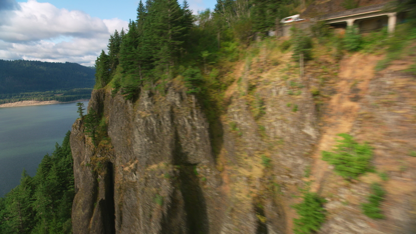 Oregon circa-2021: Aerial view of Columbia River Gorge. Shot with Cineflex from Helicopter with RED 8K.