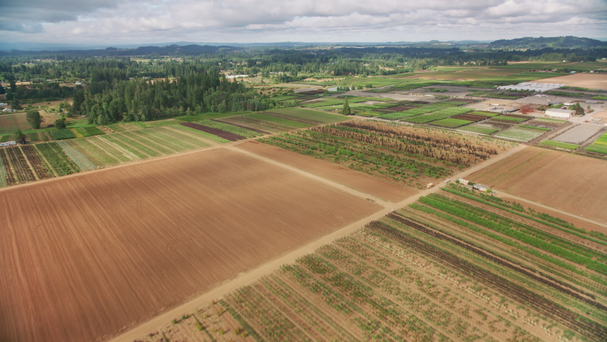Oregon circa-2021: Aerial view of farm land patterns. Shot with Cineflex from Helicopter with RED 8K.