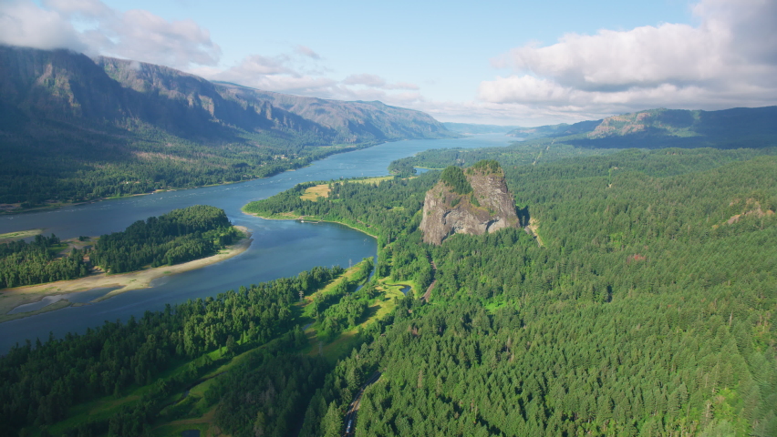 Oregon circa-2021: Aerial view of Beacon Rock along the Columbia River Gorge. Shot with Cineflex from Helicopter with RED 8K.