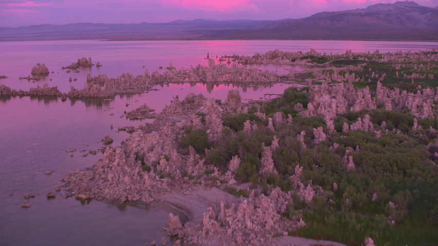 Mono Lake, California circa-2021: Aerial view of Mono Lake at Sunset. Shot with Cineflex from Helicopter with RED 8K.