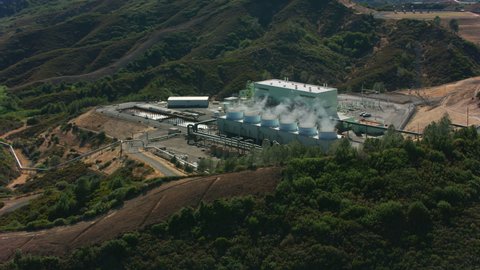Geyserville, California circa-2021: Aerial view of Geothermal power plant. Shot with Cineflex from Helicopter with RED 8K.