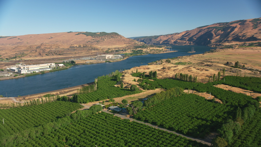 Oregon circa-2021: Aerial view of Columbia River Gorge. Shot with Cineflex from Helicopter with RED 8K.