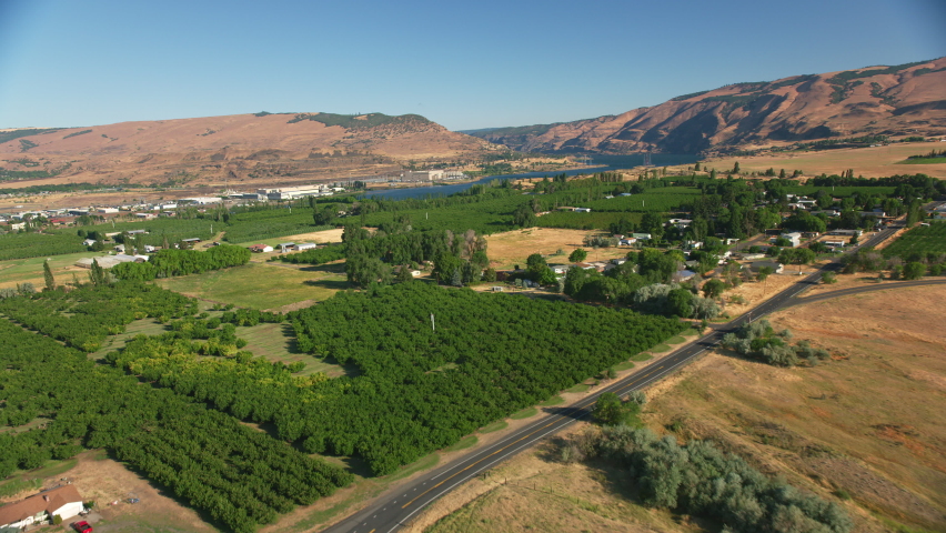 Oregon circa-2021: Aerial view of Columbia River Gorge. Shot with Cineflex from Helicopter with RED 8K.
