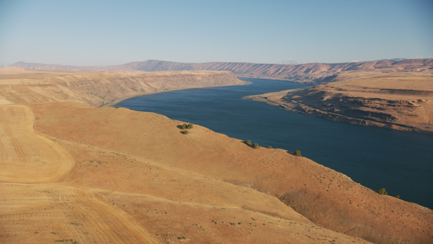 Oregon circa-2021: Aerial view of Columbia River Gorge. Shot with Cineflex from Helicopter with RED 8K.