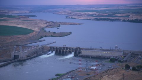 Washington State circa-2021: Aerial view of Ice Harbor Lock and Dam on Snake River. Shot with Cineflex from Helicopter with RED 8K.