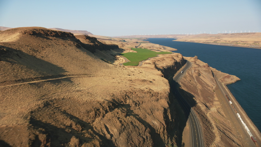 Oregon circa-2021: Aerial view of Columbia River Gorge. Shot with Cineflex from Helicopter with RED 8K.
