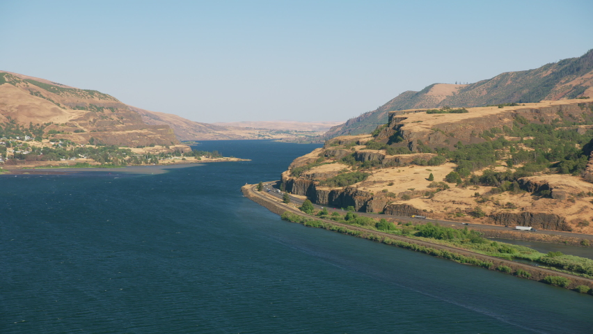 Oregon circa-2021: Aerial view of Columbia River Gorge. Shot with Cineflex from Helicopter with RED 8K.