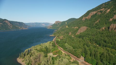 Oregon circa-2021: Aerial view of Columbia River Gorge. Shot with Cineflex from Helicopter with RED 8K.