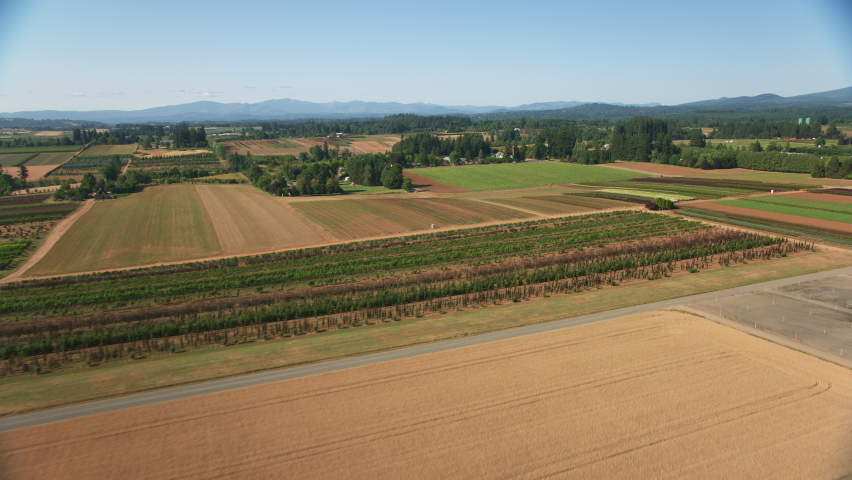 Oregon circa-2021: Aerial view of farm land patterns. Shot with Cineflex from Helicopter with RED 8K.