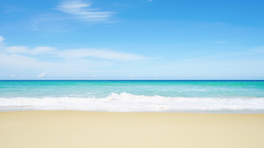 Beach blue sky seascape ocean horizon island. Scene cloudscape wave sea splashing sandy sunny. Landscape summer beach sea space area. surface closeup shore. Royalty-Free Stock Footage #1080338510