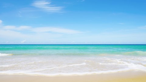 Beach blue sky best wave splashing sandy sunny Brazil. Landscape wide good slow motion foamy surface sea island summer Hawaii. Fantastic cloudscape soft light daytime. Vacation holiday island