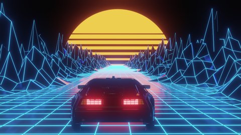 Retro videogame landscape, neon lights and low poly terrain grid. 80s retro futuristic sci-fi seamless loop. Stylized vintage 3D animation background with mountains and sun.の動画素材