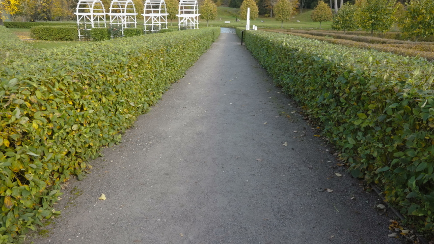 A pathway on the green plants landscape in the park with the lake on the side in Estonia