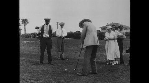 CIRCA 1933 - A highlight reel of the year's news includes a 94-year-old John D. Rockefeller playing golf, and J.P. Morgan Jr.'s trial.