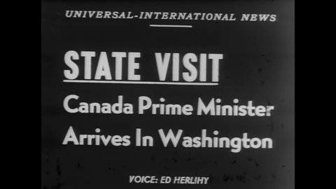 CIRCA 1953 - Canadian Prime Minister Louis St. Laurent is met at the Washington Airport by Vice President Nixon and Secretary Dulles.