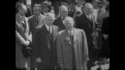 CIRCA 1947 - President Truman greets Secretary Marshall at the Washington Airport upon Marshall's return from the Moscow Conference.