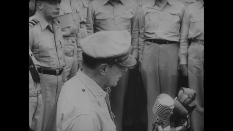 CIRCA 1945 - General MacArthur makes a speech on the USS Missouri, outlining mankind's hopes for peace in light of Japan's formal surrender.