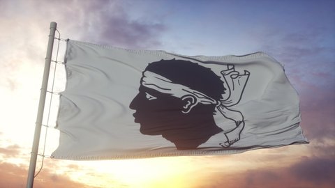 Corsica flag, France, waving in the wind, sky and sun background