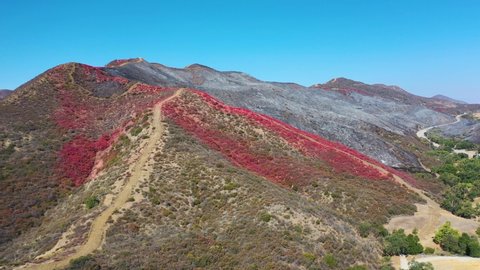 SOUTHERN CALIFORNIA - CIRCA 2021 - hills of red and black in Southern California covered in ash and fire retardant in the aftermath of a brush fire.