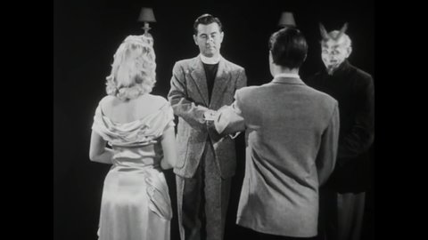 CIRCA 1953 - In this exploitation movie, a priest invites the devil to come watch a simple marriage ceremony he's performing.
