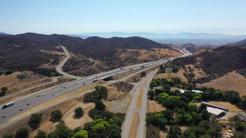 CALIFORNIA - CIRCA 2021 - aerial over the 5 freeway highway near Gorman and The Grapevine, California.