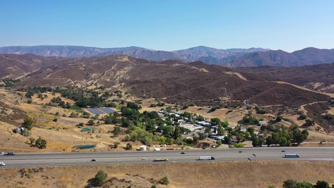 CALIFORNIA - CIRCA 2021 - aerial over the 5 freeway highway near Gorman and The Grapevine, California.