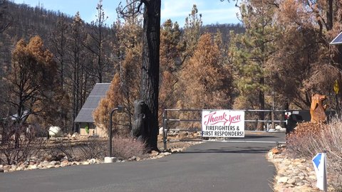 LAKE TAHOE, CALIFORNIA - CIRCA 2021 - A sign thanks firefighters for saving property during the destructive Caldor Fire near Lake Tahoe, California.