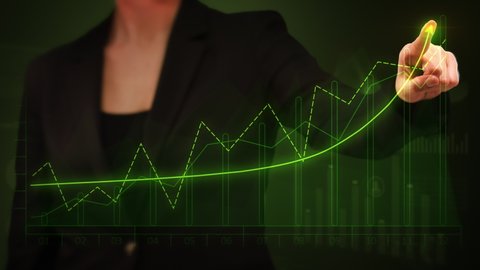 Female Hand Drawing A Bright Arrow Showing Increasing Profits In Economy Graph. Business Success. 
Businesswoman Drawing An Ascending Financial Chart. Touchscreen. 