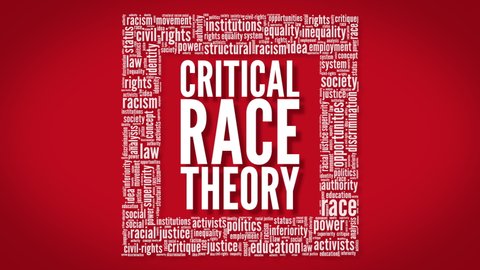Critical Race Theory typography animation with a word cloud. Text with shadows over red background.	
