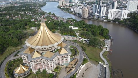 Sarawak, Malaysia – September 10, 2021:The photo showing an aerial view of Sarawak legislative assembly building and the building shape looks like cone design at Malaysia, Southeast Asia.