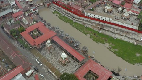 Aerial view Kathmandu Pashupatinath. Crematorium of Hindu culture, on the river with temples and smoke.