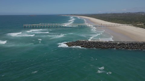 Panorama Of South Head Seawall And Jetty At Letitia Beach At Gold Coast, QLD, Australia. aerial
