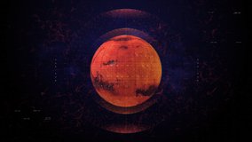 Mars in space with HUD interface elements. Mars with hologram design parts is slowly rotating in solar system. Red planet in cosmos. Interstellar galaxy. Red desert of Mars. Space education. Universe - Powered by Shutterstock - Get 15% off with code: PIKWIZARD15