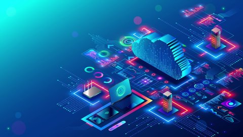 Cloud technology. digital data synchronization with data storage through internet. Computer technology abstract isometric 3d rendering animation. Server IOT in datacenter communication with devices.