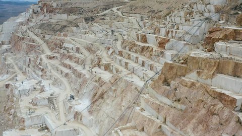 Aerial view of the largest quarry of crema marfil marble in the world. In the town of Pinoso, Alicante Spain.