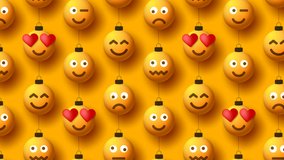 Merry christmas yellow balls with cute face seamless pattern loop animation. Emoticons on bubble toys.4k motion video animation for decoration holiday xmas tree. Element design Happy New Year.