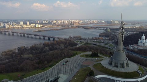 Kiev, Ukraine, 18 April  2021 Drone footage Aerial view of the Motherland Monument in Kiev Kyiv, Ukraine