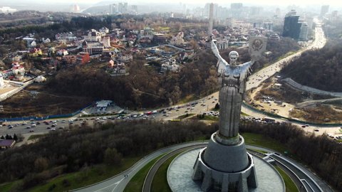 Kiev, Ukraine, 18 April  2021 Drone footage Aerial view of the Motherland Monument in Kiev Kyiv, Ukraine