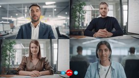 Video Conference Call Between Diverse Office Workers. Multi-Ethnic Team of Executives, Investors, Managers Talk. Four Businesspeople Discuss e-Commerce Investment Growth Strategy. POV Split Screen