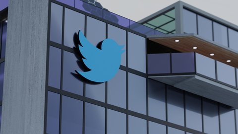 METAVERSE - SEPTEMBER 2021:  Twitter Launches Bitcoin Tips via Lightning Network (3D CGI Hyper-lapse Animation of Twitter Logo on Corporate Building.)