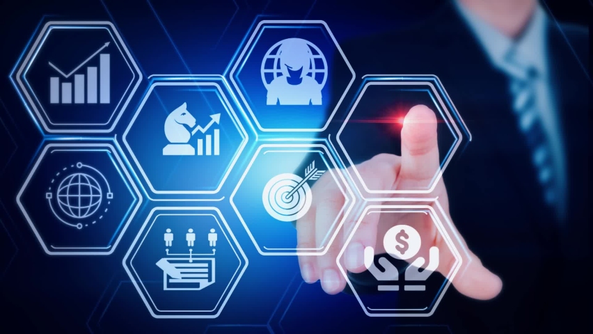 Business Data Analysis Concept
Hexagonal virtual Touch Screen Concept with man touching screen with finger and light streak