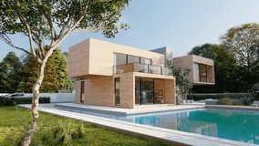 3D animation of a big wooden contemporary villa with impressive garden and pool