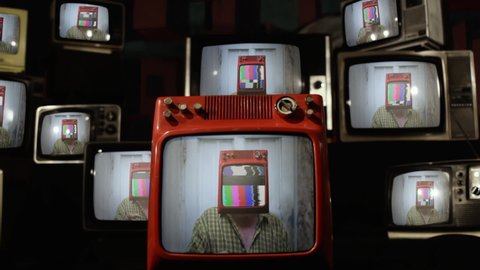 Retro TV Wall with A Person with a TV Head on Screens. 