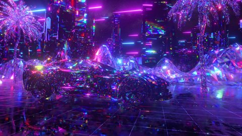 Car and city in neon diamond style. Retro wave 80s background 3d animation. Retro futuristic car drives through the neon city.
