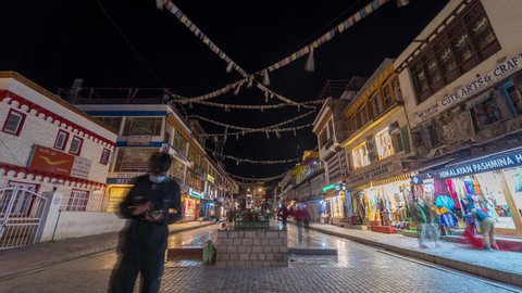 Leh, UT of Ladakh  India - August, 16th 2021: Time Lapse of Tourists and People at Leh City's Local Market, Ladakh, India