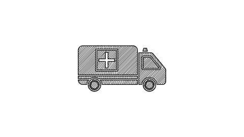 Black line Ambulance and emergency car icon isolated on white background. Ambulance vehicle medical evacuation. 4K Video motion graphic animation.